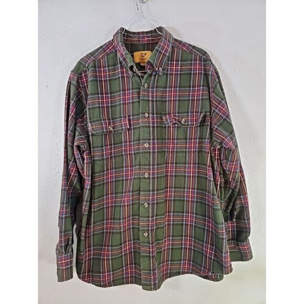 Outdoor Life‎ Shirt Mens Lg Dark Green Plaid Flannel  Double Pockets Hunting